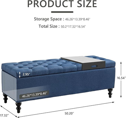 Ottoman with Storage,50.2-inch Upholstered End of Bed Storage Bench for Bedroom,for The Living Room,for Entryway, with Tray &amp; Button and Safety Hinges,Detachable (Blue)