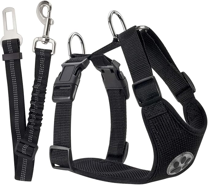 SlowTon Dog Seat Belt Harness for Car, Dog Car Harness Adjustable Mesh Breathable &amp; Dog Seatbelt Safety Tether with Elastic Bungee for Small Medium Large Pets(Black, Single Clip, L)
