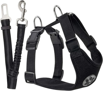 SlowTon Dog Seat Belt Harness for Car, Dog Car Harness Adjustable Mesh Breathable &amp; Dog Seatbelt Safety Tether with Elastic Bungee for Small Medium Large Pets(Black, Single Clip, L)