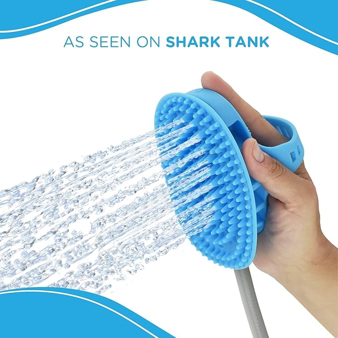 Aquapaw 5-in-1 Horse &amp; Dog Bath Brush &amp; Curry Comb - XL Blue Silicone - Includes 3-ft Shower Hose Attachment &amp; Adapter - Adjustable Spray Scrub Massager - Dog Grooming Supplies
