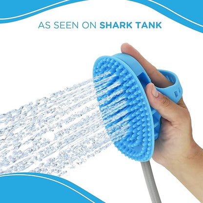 Aquapaw 5-in-1 Horse &amp; Dog Bath Brush &amp; Curry Comb - XL Blue Silicone - Includes 3-ft Shower Hose Attachment &amp; Adapter - Adjustable Spray Scrub Massager - Dog Grooming Supplies