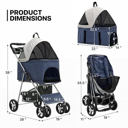 MoNiBloom 3 in 1 Foldable Pet Stroller for Small &amp; Medium Dogs, Detachable Carrier, Car Seat, Push Button Entry, 4-Wheel Jogger for Pets up to 33 lbs, Navy Blue
