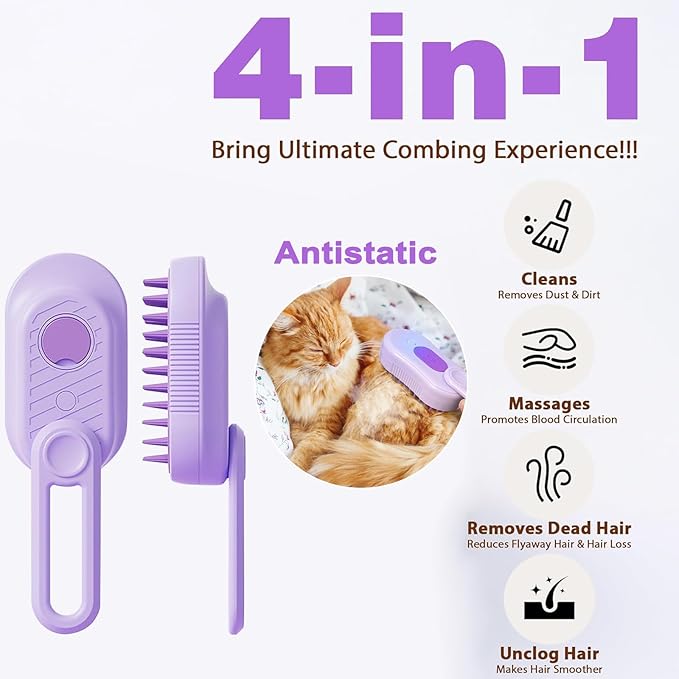 Cat Steam Brush for Shedding, 2025 New 4 in 1 Rechargeable Steam Pet Brushes for Cats &amp; Dogs, Indoor Anti-static Pets Brush for Massage, Cleaning, Shedding &amp; Combing Hair (Purple)