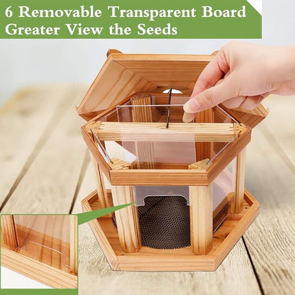 Solution4Patio Bird Feeder for Outdoors - USA Cedar Hexagon Gazebo Bird Feeders with Vented Mesh Tray, Easy-Clean &amp; Fill Design 9.6" Dia. X 8.7" H 3.2-lb Capacity
