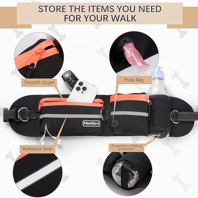 Hands-Free Waist Leash with Pouch for Two Dogs: Reflective Stitching, Dual Handle &amp; Bungee Retractable Design – Ideal for Medium to Large Dogs (Orange) – Dog Walking Accessories
