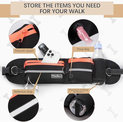 Hands-Free Waist Leash with Pouch for Two Dogs: Reflective Stitching, Dual Handle &amp; Bungee Retractable Design – Ideal for Medium to Large Dogs (Orange) – Dog Walking Accessories