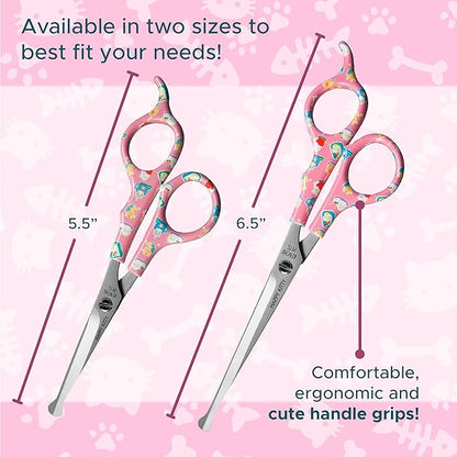 Kenchii Happy Kitty Ball Tip Shears Trimming Scissors for Cats | Pet Grooming Kitten Essentials | Stainless Steel Safety Blunt Tip Scissors | 6.5 In