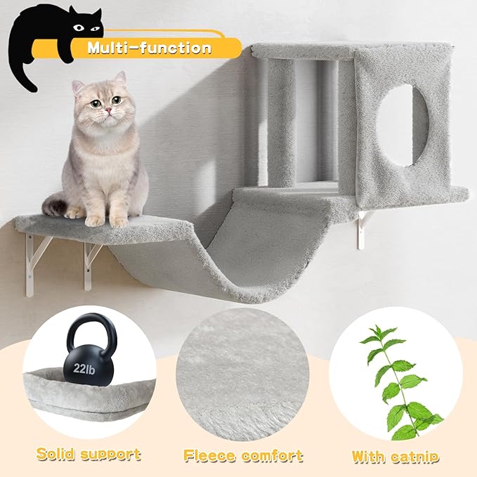 NUNU LAB Wall Mounted Cat Furniture, 6 Pcs Cat Wall Shelves with Condo House, Bridge, Steps, Scratcher, Hammock, Indoor Safe &amp; Stable Furniture for Kittens Play, Gray