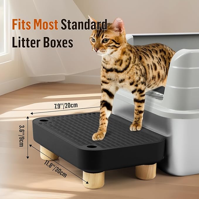 Cat Litter Box Step Ramp, Cat Litter Catcher Mat with Wooden Feet, Filter Function, Cat Pedal Stool for Self-Cleaning Cat Litter Box, Ideal for Kitten &amp; Elderly Cats (Black)
