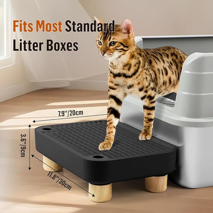 Cat Litter Box Step Ramp, Cat Litter Catcher Mat with Wooden Feet, Filter Function, Cat Pedal Stool for Self-Cleaning Cat Litter Box, Ideal for Kitten &amp; Elderly Cats (Black)