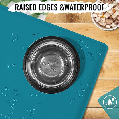 MateeyLife Dog &amp; Cat Food Water Mat for Floors Waterproof, Nonslip Pets Bowl Feeding Mats with Raised Edges, Silicone Matt Tray for Messy Drinkers, 18"x12", Teal