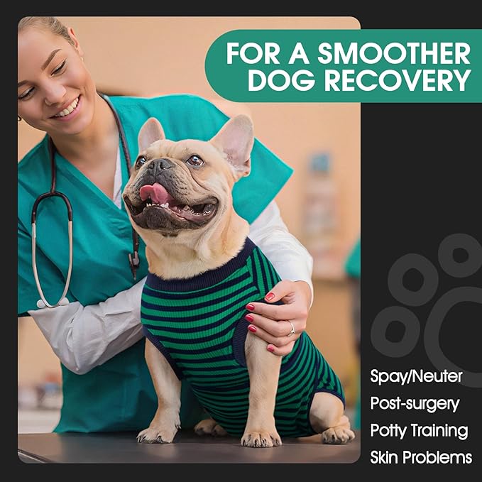 FUAMEY Recovery Suit for Dogs After Surgery,Soft Breathable Dog Bodysuit E-Collar &amp; Cone Alternative Surgical Suit,Male Female Dog Neuter Spay Suits Anti Licking Wounds Onesie Green Black Stripes M