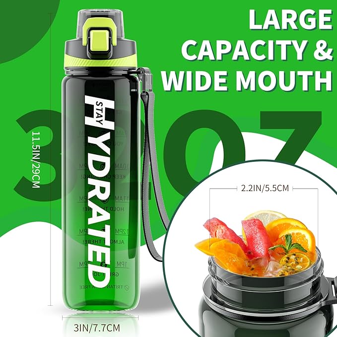 Water Bottle, 32 oz Motivational Water Bottles with Time Marker-Tritan &amp; BPA Free, Sports Water Bottle with Time to Drink &amp; Strap, Wide Mouth, Leakproof -Gift for Christmas Gym Fitness &amp; Outdoor