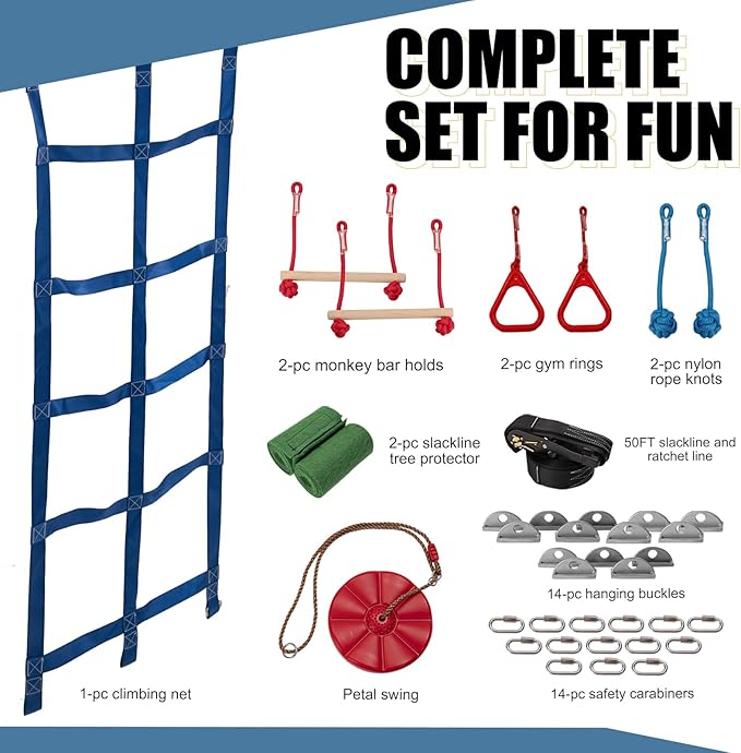 Slsy Ninja Warrior Obstacle Course for Kids, 50FT Durable Ninja Slackline Kit with 8 Complete Accessories, Playset Equipment with Swing, Climbing Net, Ladder &amp; Monkey Bars (8 Obstacles)