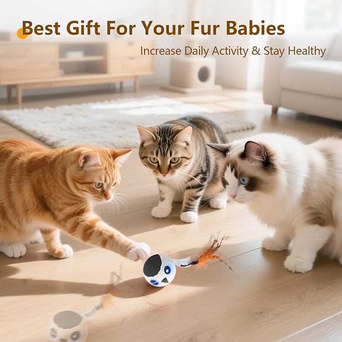 ORSDA Cat Ball Toys, Interactive Cat Toy for Indoor Bored Indoor Cats Kitten Toys, Automatic Electric Bird Moving Ball Toy, 4 Mode Voice &amp; Touch Control Rolling Chirping Stimulating, 2 Feather Tails