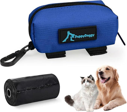 PuppyDoggy 1 Pack Poop Bag Holder for Dogs &amp; Cats Waste Bag Dispenser Pouch Dispenser with 1 Roll of Free Poop Bags for Dog Leash Accessory Bicycle (Blue)