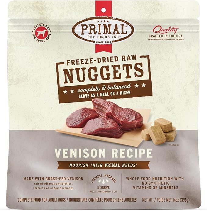 Primal Freeze Dried Raw Dog Food Nuggets, Venison, Complete &amp; Balanced Meal, Also Use as Topper or Treat, Premium, Healthy, Grain Free, High Protein Raw Dog Food, 14 oz