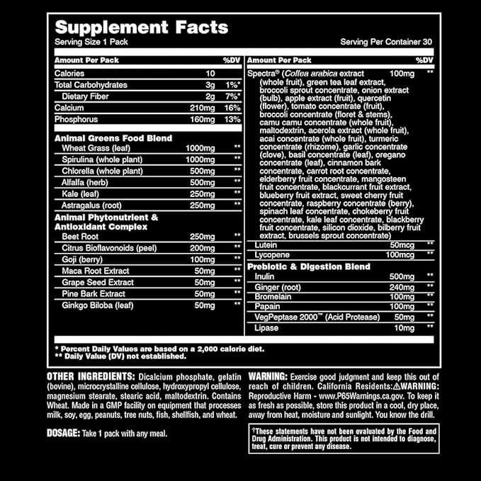 Animal Daily Greens Pill Packs - Kale, Wheat Grass, Alfalfa &amp; More - Convenient Prebiotic and Probiotic Superfood Blend for Superior Digestion, Gut Health, and Immunity For Men &amp; Women - 30 Day Supply