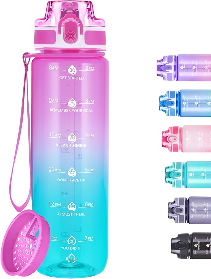 32oz Motivational Water Bottles with Time Marker &amp; Fruit Strainer, Transparent Gradient Color Water Bottle with Times to Drink, Leakproof &amp; BPA Free, Reusable Bottle with Strap (No Straw)