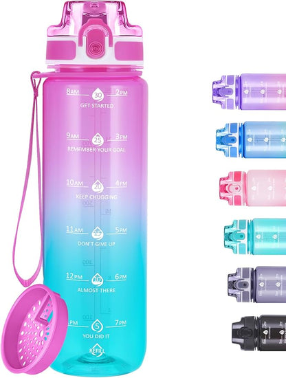 32oz Motivational Water Bottles with Time Marker &amp; Fruit Strainer, Transparent Gradient Color Water Bottle with Times to Drink, Leakproof &amp; BPA Free, Reusable Bottle with Strap (No Straw)