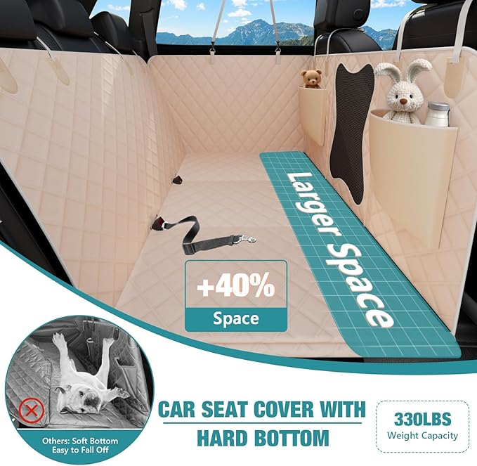 Waterproof Dog Car Seat Cover for Back Seat – Heavy Duty Back Seat Extender for Dogs with Hard Bottom, 7-Layer Protection, Non-Slip &amp; Scratchproof, Easy to Install (Beige)