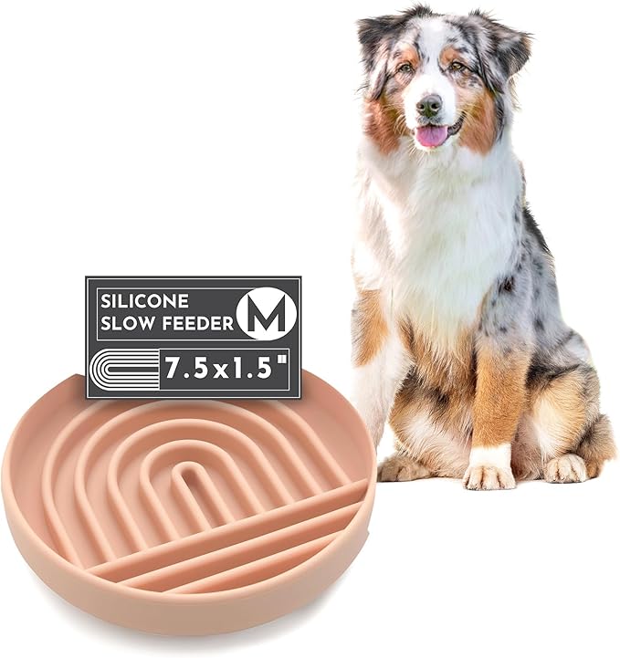 The Slowdown Bowl Silicone Slow Feeder for Dogs &amp; Puppies, Slow Eating, Modern Lick Mat Design, Reduces Gulping, Fits 2 Cups 7.5” Across x 1.5” Tall, Mealtime Challenge, Medium-Blush