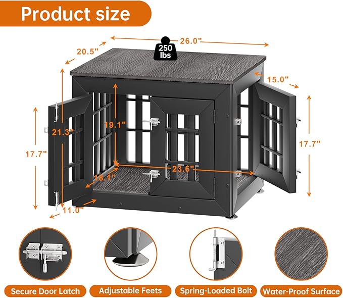 26" Heavy Duty Dog Crate Furniture for Small,Medium and Large Dogs,Rustic Wooden Dog Cage Kennel Indoor Furniture with Waterproof Top,Decorative Pet House Side End Table (Black &amp; Grey)