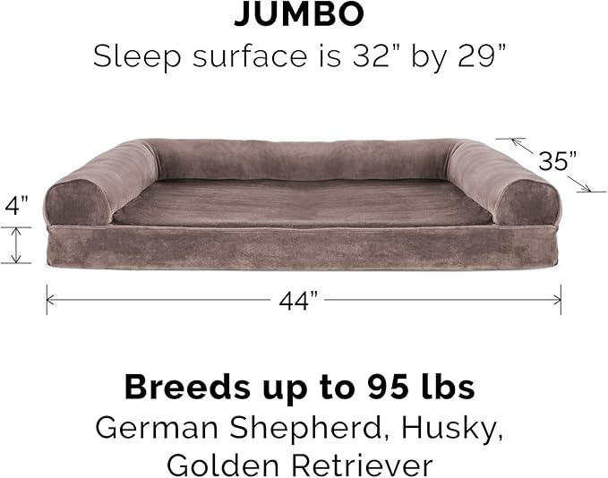 Furhaven Cooling Gel Dog Bed for Large Dogs w/ Removable Bolsters &amp; Washable Cover, For Dogs Up to 95 lbs - Faux Fur &amp; Velvet Sofa - Driftwood Brown, Jumbo/XL