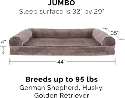 Furhaven Cooling Gel Dog Bed for Large Dogs w/ Removable Bolsters &amp; Washable Cover, For Dogs Up to 95 lbs - Faux Fur &amp; Velvet Sofa - Driftwood Brown, Jumbo/XL