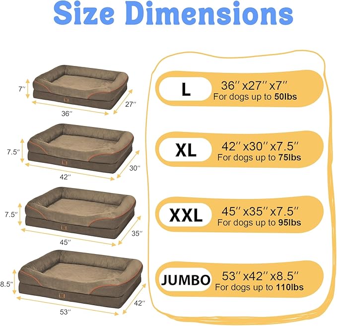Washable Orthopedic Large Dog Bed -XL Large Dog Bed with Removable &amp; Waterproof Cover Pet Beds with Foam Support for Big Size Dogs with Bolster