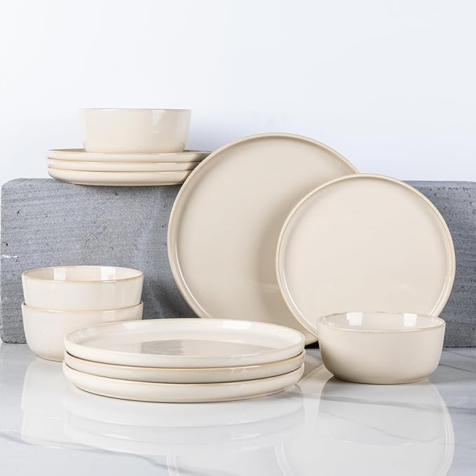 GBHOME Ceramic Dinnerware Sets for 4, 12 Pieces Stoneware Plates and Bowls Sets, Scratch Resistant Dishes, Dishwasher &amp; Microwave Safe, Reactive Glaze-Vanilla color