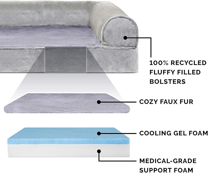 Furhaven Cooling Gel Dog Bed for Large Dogs w/ Removable Bolsters &amp; Washable Cover, For Dogs Up to 125 lbs - Faux Fur &amp; Velvet Sofa - Smoke Gray, Jumbo Plus/XXL
