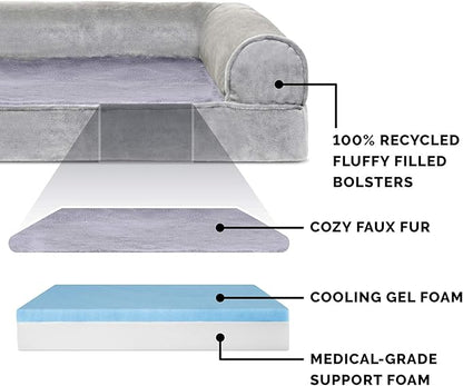 Furhaven Cooling Gel Dog Bed for Large Dogs w/ Removable Bolsters &amp; Washable Cover, For Dogs Up to 125 lbs - Faux Fur &amp; Velvet Sofa - Smoke Gray, Jumbo Plus/XXL