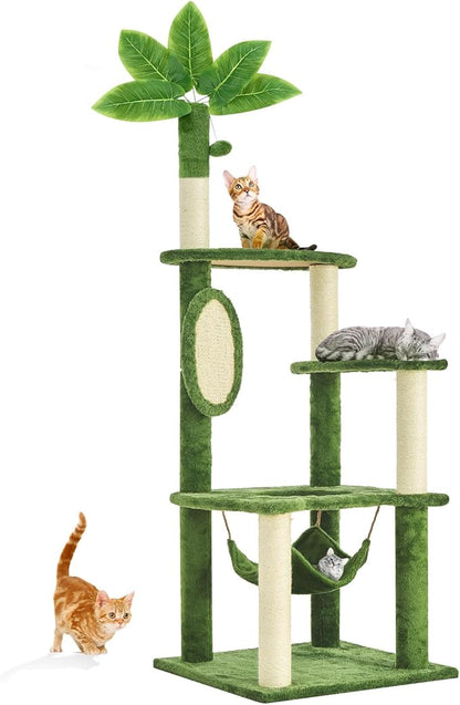 55 Inch Large Cat Tree Tower for Indoor Cats with Hammock Green Leaves Sisal Scratching Post, Plush Hang Ball Play Furniture for Kittens &amp; Adult Cats,New Green