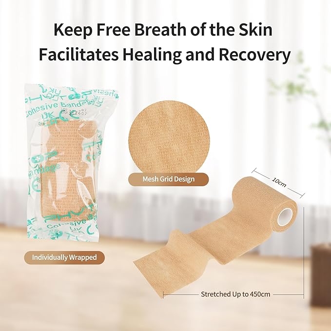 PHYTOP Self Adhesive Bandage Wrap 4 inches x 5 Yards, 12 Pack of Cohesive Tape for First Aid, Sports, Wrist and Ankle, Also for Horses &amp; Dogs as Vet Wrap (Beige)