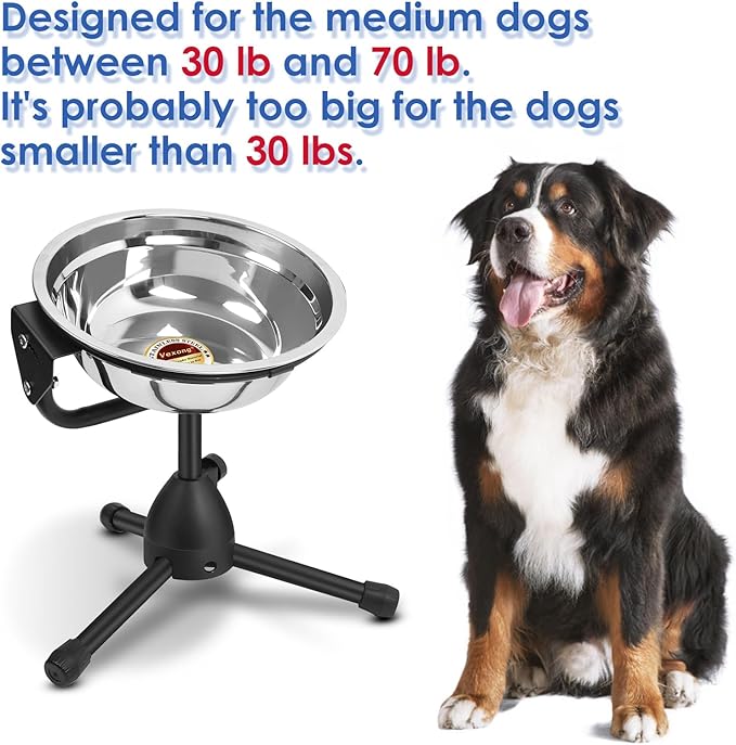 Elevated Dog Bowl with Adjustable Metal Stand, Medium Size for Dogs 30-70 lbs, 0.5 Gal 2 Liter, Stainless Steel Food &amp; Water Bowl Set