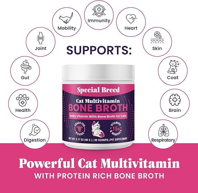 Cat Multivitamin with Grass-Fed Beef Bone Broth – Daily Supplement for Immune, Joint, Skin, Coat &amp; Gut Health – Omega 3s, Lysine, Beta Glucan, Vitamins A-E, C, D – 90 Day Supply – No Fillers