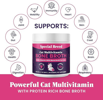 Cat Multivitamin with Grass-Fed Beef Bone Broth – Daily Supplement for Immune, Joint, Skin, Coat &amp; Gut Health – Omega 3s, Lysine, Beta Glucan, Vitamins A-E, C, D – 90 Day Supply – No Fillers