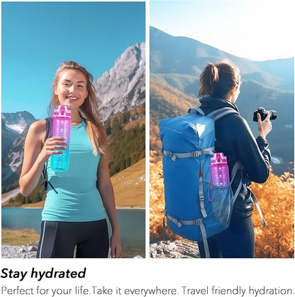 32oz Motivational Water Bottles with Time Marker &amp; Fruit Strainer, Transparent Gradient Color Water Bottle with Times to Drink, Leakproof &amp; BPA Free, Reusable Bottle with Strap (No Straw)
