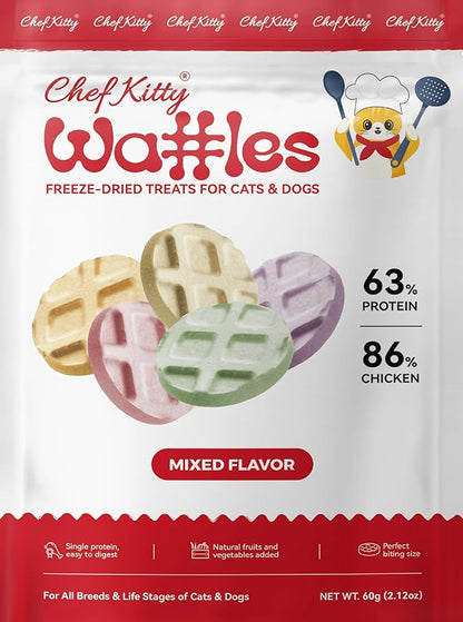 Freeze Dried Chicken Cat &amp; Dog Waffle Treats - Made with Human Grade Chicken Breast &amp; Liver - 5 Natural Flavors - Healthy, Tasty, Dry Food for Indoor Cats, Dogs - Inspected &amp; Tested in USA