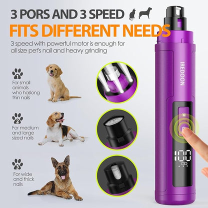 Dog Nail Grinder Upgraded - Professional 3-Speed Super Quiet and Low Vibration Electric Pet Nail Grinder with 4 LED Lights - Painless Paws Grooming &amp; Smoothing for Small to Large Dogs (Purple)