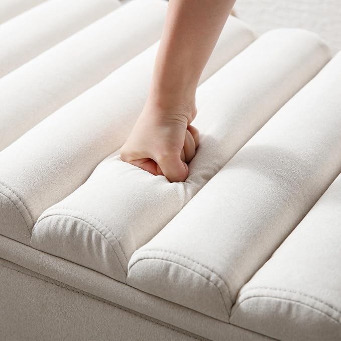 Kmax 45" Storage Bench Linen Entryway Bench Upholstered Ottoman Bench with Wavy Top &amp; Safty Hinge for Bedroom Living Room Hallway, Beige