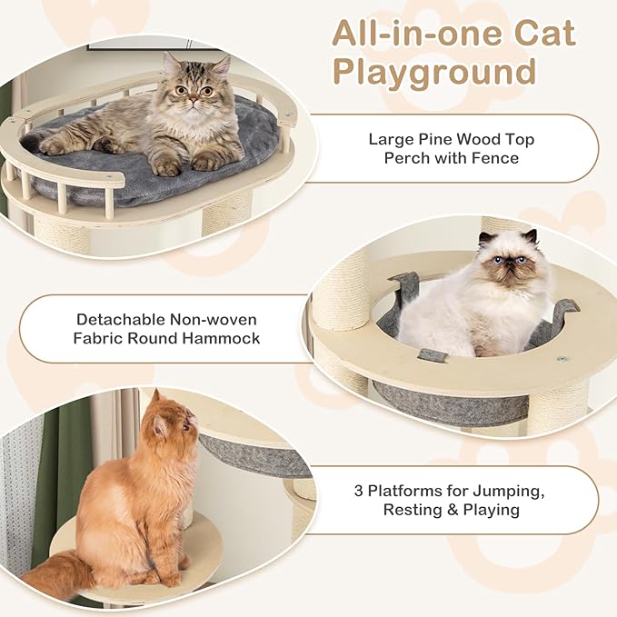 Tangkula Wood Cat Tree, 59 Inch Multi-Level Cat Tower with Top Padded Perch, Hammock, 3 Platforms &amp; Sisal Scratching Posts, Large Modern Cat Tree Tower for Indoor Cats Kittens (59 Inch)