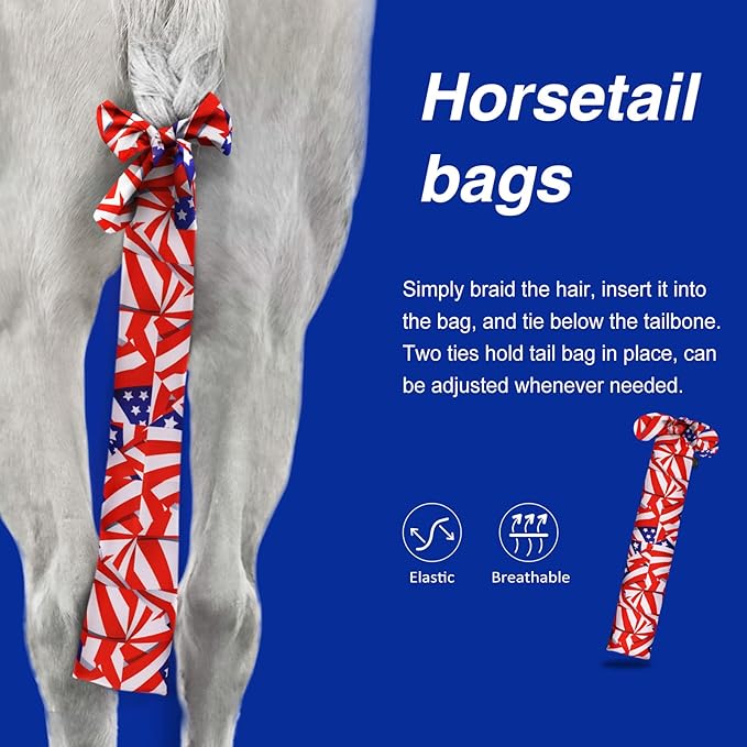 Harrison Howard Stretchy Tail Bag Breathable Horse Tail Guard Slip on Design Protect Horse Tail 2 Strand Closure Straps Keep Tail Clean &amp; Protected 22" L Length Makes Grooming Easy-Flag Grid