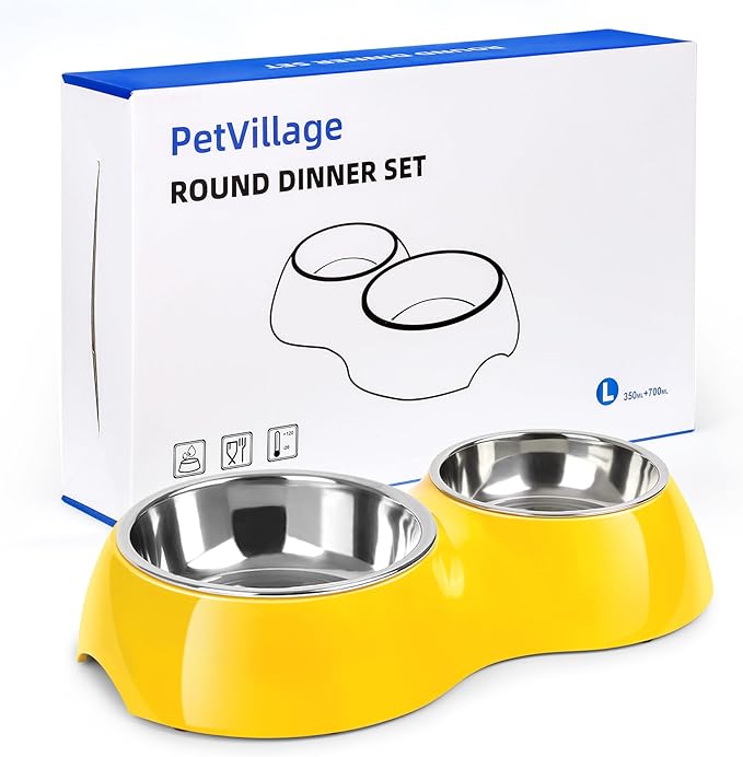 Elevated Dog Bowls Set - Non-Slip Raised Pet Feeder with Medium (2 Cups) &amp; Large (4 Cups) Stainless Steel Bowls - Includes Durable Resin Stand for Puppies, Adult Dogs &amp; Cats - Yellow