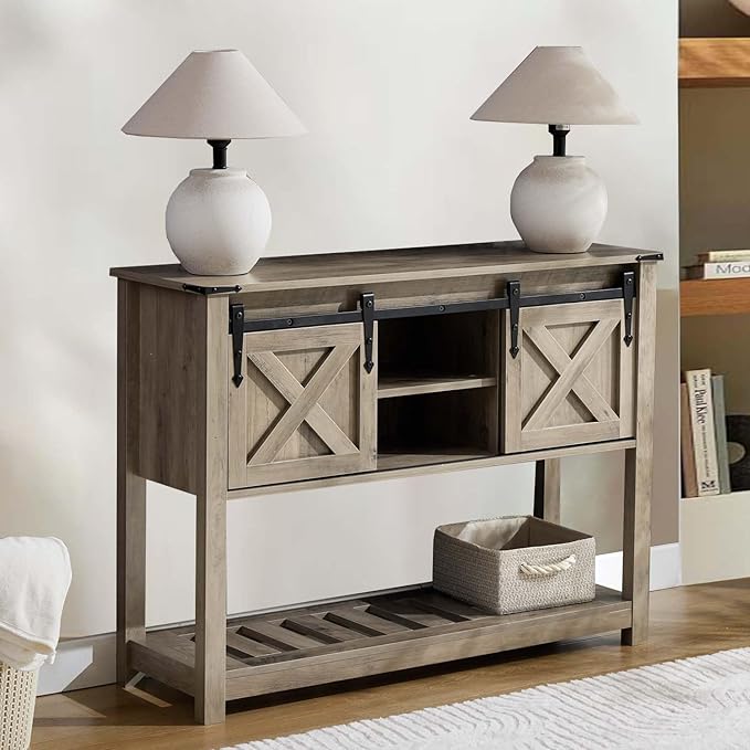 Entryway Table with Storage, Farmhouse Buffet Cabinet Coffee Bar Kitchen Island with Sliding Barn Doors &amp; Shelves, Console Table for Kitchen, Dining Room, Living Room, Grey