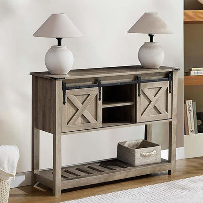 Entryway Table with Storage, Farmhouse Buffet Cabinet Coffee Bar Kitchen Island with Sliding Barn Doors &amp; Shelves, Console Table for Kitchen, Dining Room, Living Room, Grey
