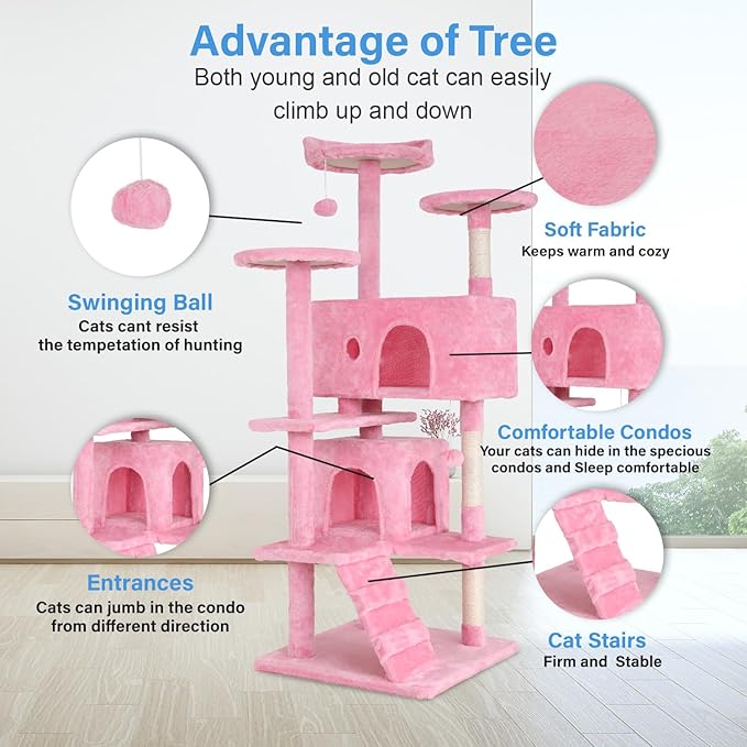 FDW Cat Tree 54in Cat Tower Multi-Level Durable Cat Scratching Post &amp; Cozy Fun Cat Jumping Platform Space Saving Cat Condo Pet Play House for Indoor Cats,Pink