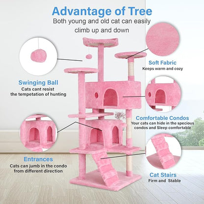 FDW Cat Tree 54in Cat Tower Multi-Level Durable Cat Scratching Post &amp; Cozy Fun Cat Jumping Platform Space Saving Cat Condo Pet Play House for Indoor Cats,Pink