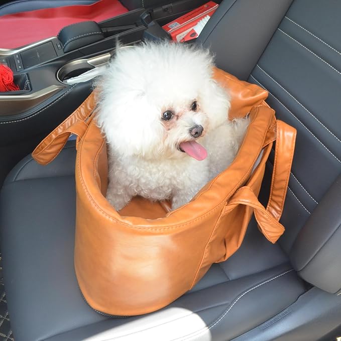 2 and 1 Center Console Dog Car Seat &amp; Carrier for Small Dogs, Large Leather Dog Car Bed with Storage Pocket, Waterproof PVC Leather Seat Travel Bed for Front &amp; Back Seat, Clip-On Safety Leash